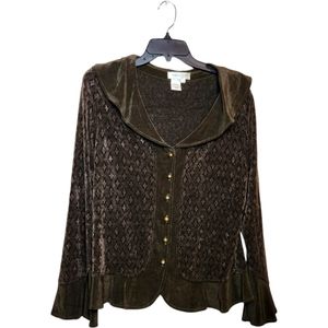 Coldwater Creek Jacket Cardigan Large Green Slinky Travel Knit Ruffle Trim Top